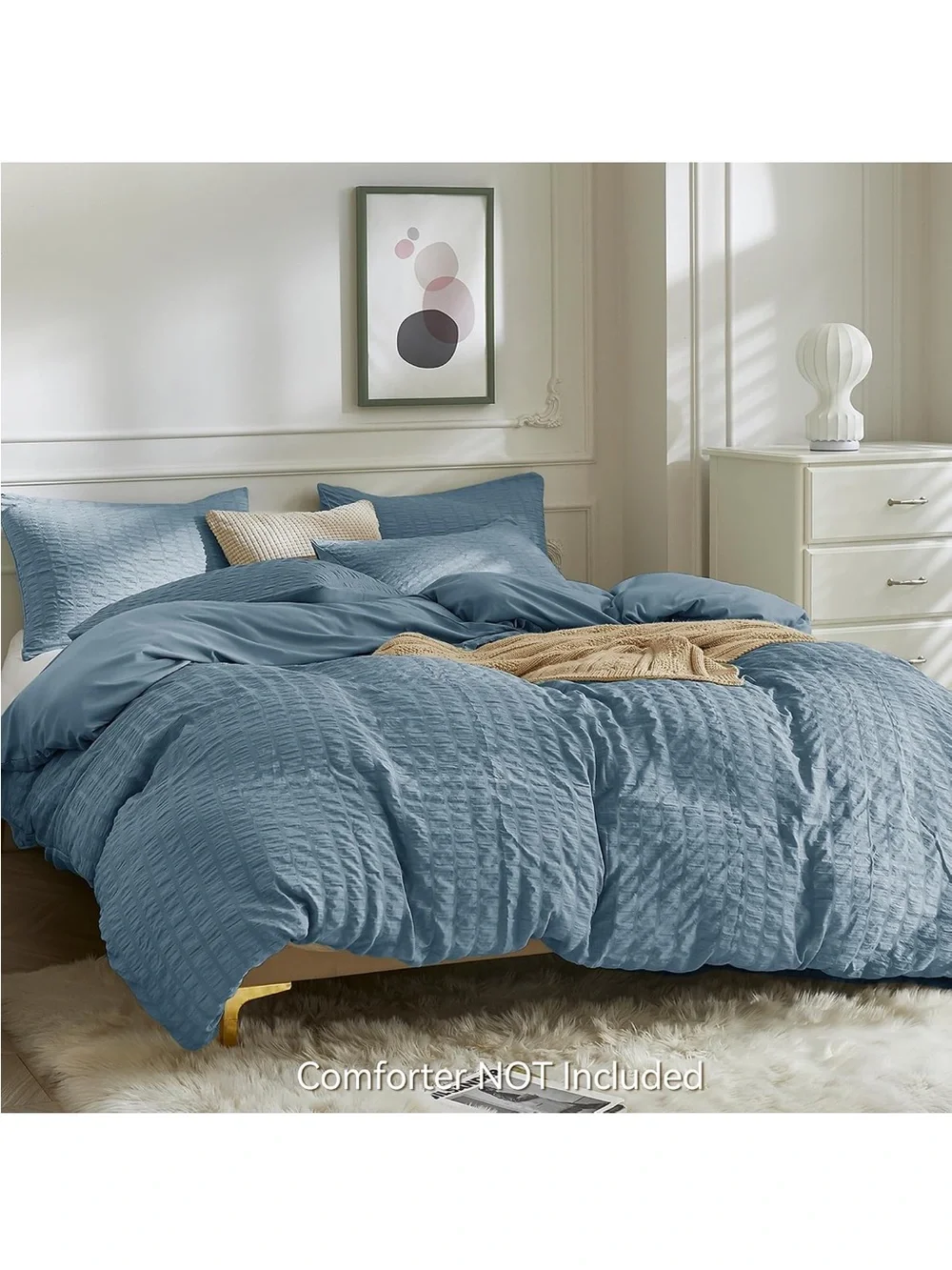 NEW JELLYMONI Sierra Blue Seersucker Duvet Cover Set. Breathable w/Zipper. Queen